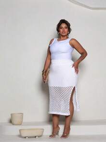 Plus Size Midi Skirt With Openwork Fabric In Modal Knit, Elegant, Casual - Off - View 2