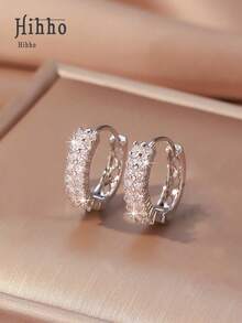 Hihho 1 Cặp bông tai vòng vuông thời trang đính đá Cubic Zirconia, thiết kế hai hàng cổ điển phù hợp cho phụ nữ, trang sức kỷ niệm ngày cưới, đính hôn, quà tặng ngày lễ tình nhân - Bạc - Xem 2