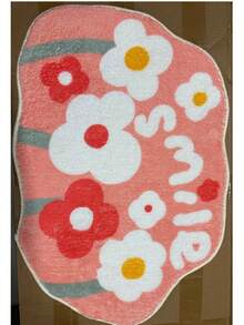 1pc Fluffy Floral Bathroom Mat, Cute Happy Flower Design, Non-Slip Washable Absorbent Bath Rug, Suitable For Bathroom, Sink, Shower, Bathtub, 28" X 18"