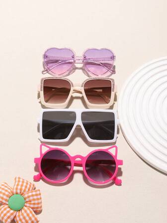 1 Set Of 4 PCS Girls' Glasses For Ages 6-12 Years, Featuring Color-Block Sweet Heart Frames, Cute Cat-Eye Frames, And Basic Square Fashion Frames, Suitable For Holiday Outings, Outfit Matching, And As Festive Gifts