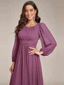 优雅雪纺圆领灯笼袖长袖伴娘礼服，婚礼宾客礼服，秋季 - 紫色 - 查看 6