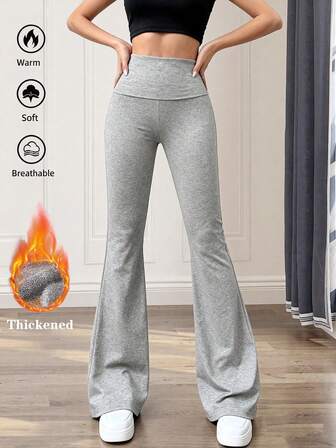 女士休闲纯色高腰喇叭紧身裤，保暖内衬褶皱修身裤，宽松直筒运动裤，适合跑步、健身、瑜伽、休闲穿着，可机洗，适合圣诞节、新年、情人节等节日穿着。