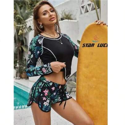 Tropical Print 2 Piece Swimsuits, Top de mangas compridas com gola redonda e cueca boxer Fato de banho competitivo, Roupas de banho e roupas femininas,Conjunto feminino de mangas longas para surfe, 2 peças, traje de surfe, roupa de mergulho, cores contrastantes e estampas tropicais para férias de verão na praia,Rashguard Manga Raglan Estampada de Praia Tropical de Verão
