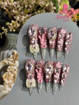 10 st handgjort press-on nagelset, extra långa stilettklackar, French Tips, rosa naglar, glittrande rosa diamantdesign, rosa kanin, diamant 3D-rosett, lysande persika, lyxig och utsökt stil, lämplig för kvinnor, tjejfester, resor, dejting, helgdagar och andra födelsedagspresenter. Gör-det-själv nagelkonstmaterial, återanvändbara.