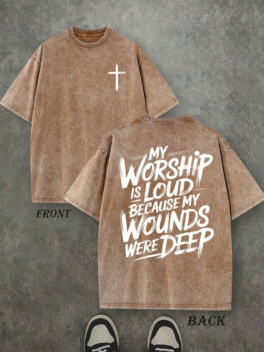 My Worship Is Loud Because My Wounds Were Deep Unisex Washed Christian Shirt, Christian Scripture T-Shirt, Vintage Retro Washed Shirt Double Sided Printed (230 Heavyweight Pure Cotton T-Shirt)  High Quality Christian T-Shirt, Christian Gifts, Men's And Women's Shirts, Comfortable, Fashion Christian Shirt, Street Style Pure Cotton Fall Shirt - 咖啡棕 - 查看 1