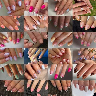 576 piezas/Caja (24 estilos mixtos) Pegatinas de uñas francesas de flor ovalada corta, pegatinas de uñas acrílicas cortas, uñas postizas de cobertura completa con caja de almacenamiento, adecuadas para mujeres y niñas para la vida diaria y fiestas Suministros para uñas