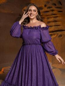 فستان وصيفة العروس كبير الحجم بأكمام طويلة منحرفة الكتف، فستان ماكسي بخصر A مكشكش - مثالي للحفلات الرسمية، حفلات الأزياء السوداء، الحفلات، حفلات الخيرية، وحفلات التخرج - الأرجواني - مشاهدة 5