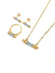 1set Simple Copper Plated Blue Stone Inlay Ear Studs Ring Necklace Jewelry Set Suitable For Women's Daily Wear - Yellow Gold - View 10