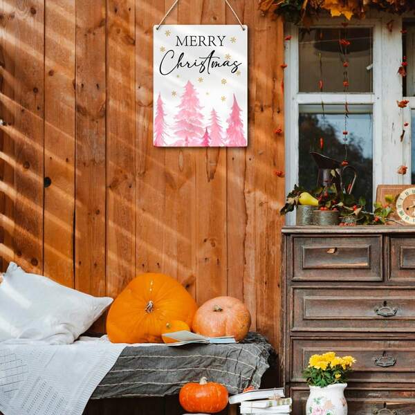 UYIKG Merry Christmas Decorative Plaque, Christmas Ornament, Christmas Gift, Pink Christmas Tree Wall Hanging Wooden Plaque, Suitable For Front Door And Home, 8x10 Inches: Kitchen And Living Room Decoration