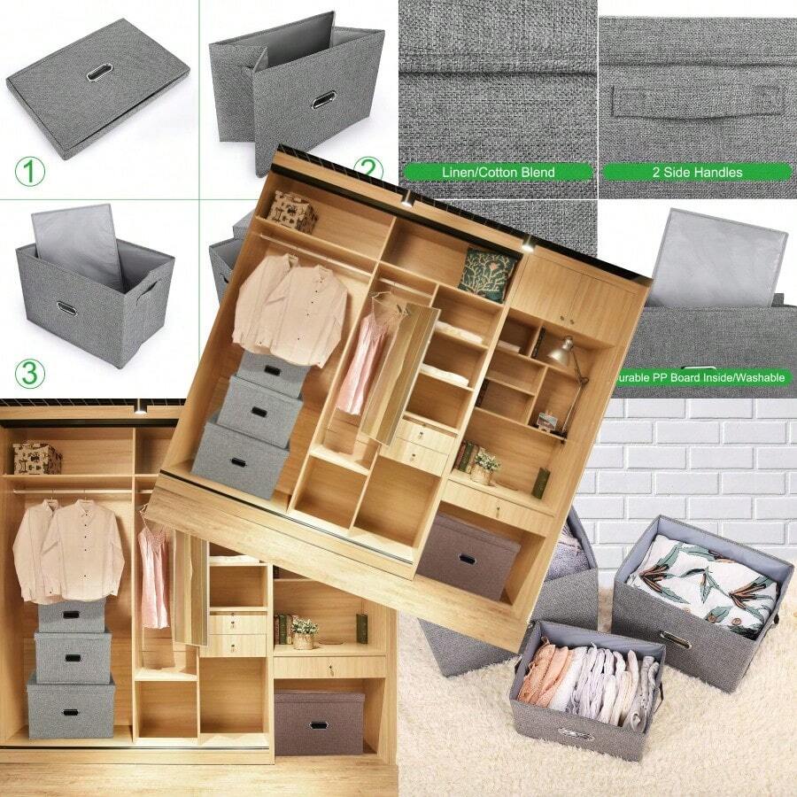 Large Linen Fabric Foldable Storage Bins With Removable Lid And Handles Washable Storage Box Organizer Containers Baskets Cube With Cover For Bedroom Office Black Small - Black - View 1