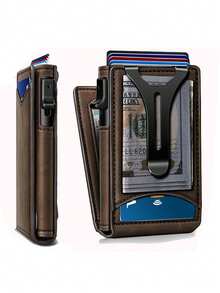 Wallet For Men, Men's Leather Smart Money Clip Wallet RFID Blocking Minimalist Bifold Pop Up Aluminum Alloy Magnetic Credit Card Case Holder With ID Window - Cà phê - Xem 8