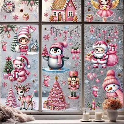 6/9 ملصقات عيد الميلاد الوردية، ملصقات نافذة الوجه مزينة بالثلج، الرجل العجوز، الغزلان، الملاك، لتزيين غرفة المعيشة والنوم والمطعم والنوافذ والزجاج، ملصقات عيد الميلاد والشتاء