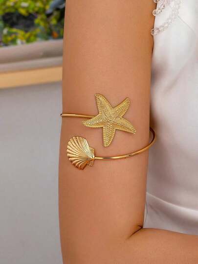 1PC Minimalist Fashion Starfish And Seashell Bracelet For Women – Versatile Ocean-Inspired Jewelry, Lightweight And Adjustable, Perfect Casual Accessory And Gift For Beach Lovers And Summer Style