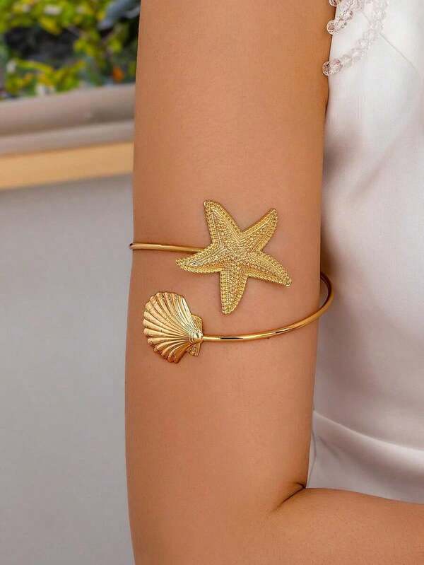 1PC Minimalist Fashion Starfish And Seashell Bracelet For Women – Versatile Ocean-Inspired Jewelry, Lightweight And Adjustable, Perfect Casual Accessory And Gift For Beach Lovers And Summer Style