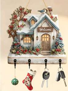 1 件现代木质 2D 平面钥匙扣墙饰，带心形装饰和 4 个挂钩 - 适用于厨房、客厅、卧室、可爱房间装饰的家居装饰