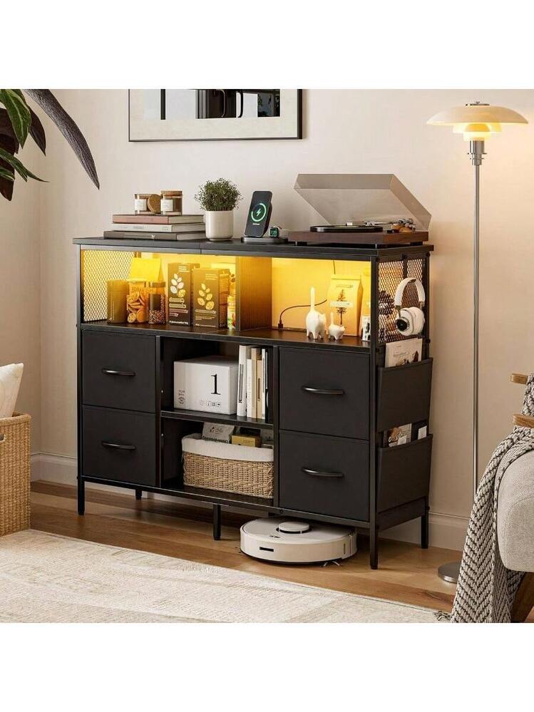 チェスト収納 タンス 棚付き 箪笥リビング収納チェスト LEDライト付き