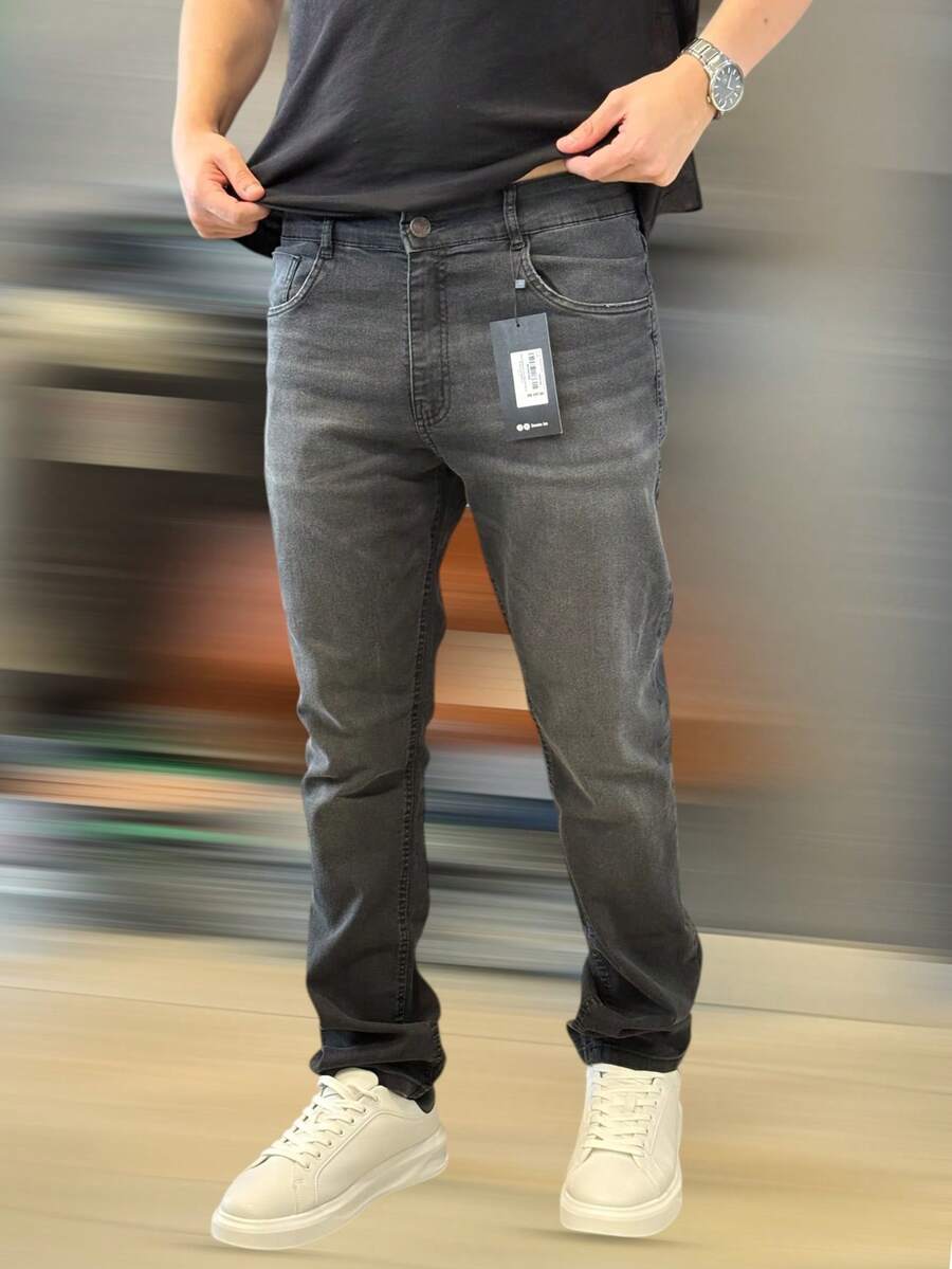 Men's Slim Denim Jeans, Elastane Lycra - Lead Gray - View 1