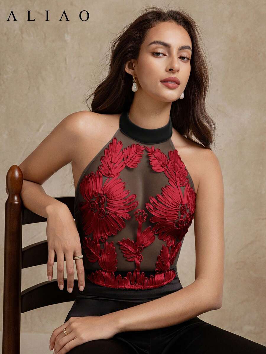 Áo hai dây Aliao Summer Floral Crochet Mesh Embroidered 3D xuyên thấu, thanh lịch và gợi cảm, phù hợp cho đám cưới, năm mới và mặc hàng ngày.