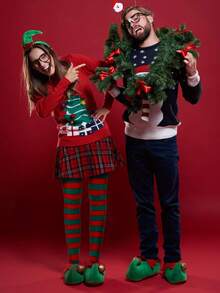 1 双女士圣诞条纹紧身裤，条纹长袜，全长大腿高连裤袜，圣诞服装，圣诞节女士服装配饰，加大码女士圣诞条纹紧身裤，节日派对服装，成人连脚紧身裤，红色，白色，绿色，手套，白色毛皮保暖手套