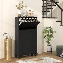 HOMCOM Narrow Shoe Cabinet With 3 Flip Drawers, Modern Shoe Storage Cabinet With Adjustable Shelves For Entryway, Hallway, Holds 12 Pairs Of Shoes, Black - Black - View 2