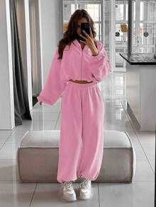 2 pezzi Set sportivo da donna, composto da top con cappuccio con zip e maniche lunghe in colore unito e pantaloni con elastico in vita e tasche, adatto per l'autunno/inverno - Rosa - Visualizzare 1