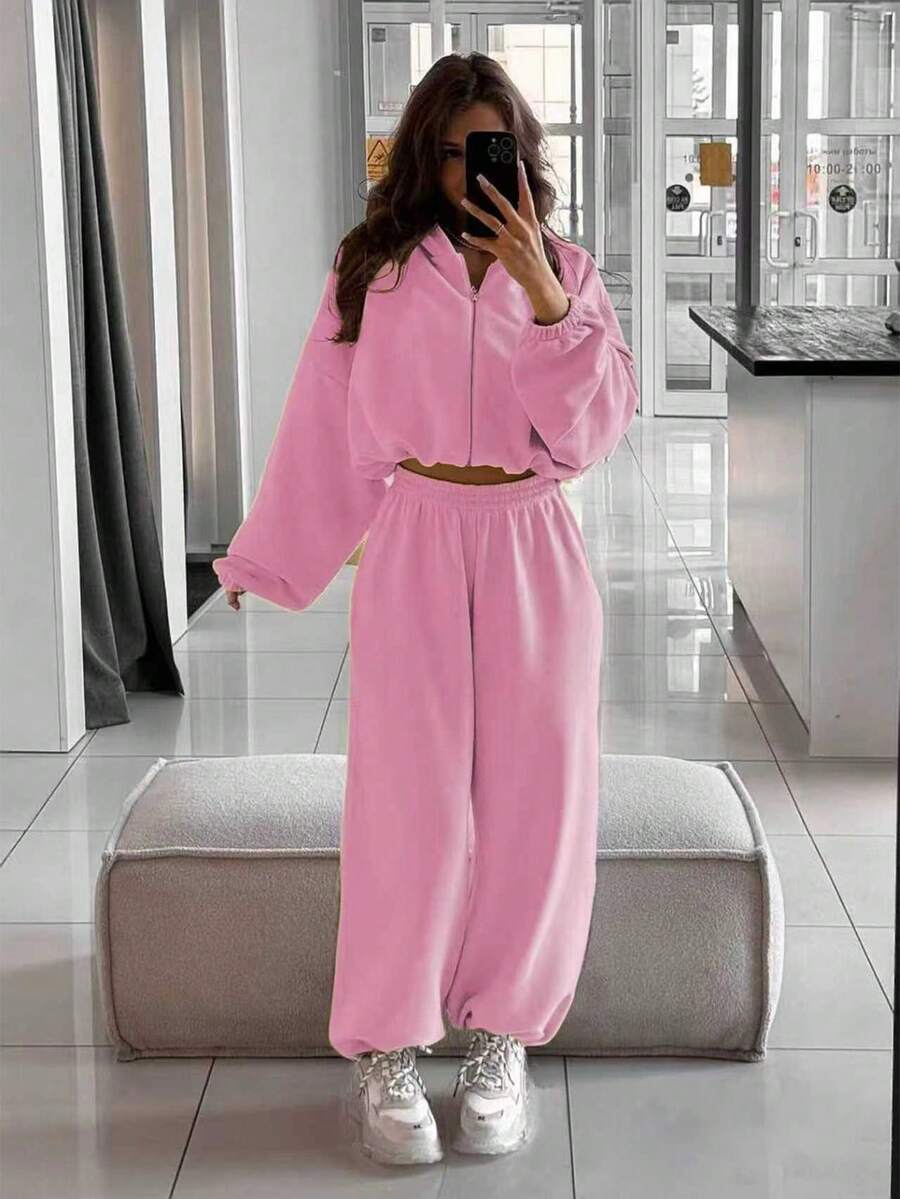 2 pezzi Set sportivo da donna, composto da top con cappuccio con zip e maniche lunghe in colore unito e pantaloni con elastico in vita e tasche, adatto per l'autunno/inverno - Rosa - Visualizzare 1