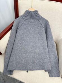 Wixra Korean Loose Knit Cardigan, Stand Collar Raglan Sleeve, Two-Way Zipper Design, Solid Color, Collegiate Style, Essential For Layering In Autumn/Winter