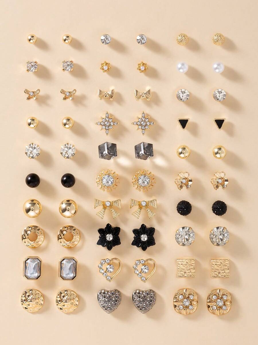 Bộ 30 đôi khuyên tai đính ngọc trai giả hình trái tim và bướm bằng kim loại đen đơn giản dễ thương thời trang, quà tặng trang sức, thích hợp đeo hàng ngày - Nhiều màu - Xem 1