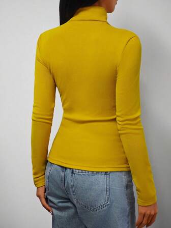 Elegant Solid Color Long Sleeve Turtleneck Slim Fit T-Shirt, For Spring/Autumn