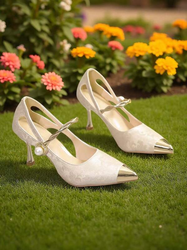 2025 Autumn New Fashion Pearl Button, Metallic Chain Decor High Heel Women's Pumps - Black 7.5cm Luxury Metal Pointed Toe Hollow Stiletto Heels Party Sandals, Champagne Elegant Formal Occasion Hollow Stiletto High Heels, Festive Gift