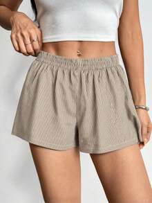 Pantalones cortos casuales con estampado de rayas y cintura elástica para mujer - Marrón Mocha - Ver 3