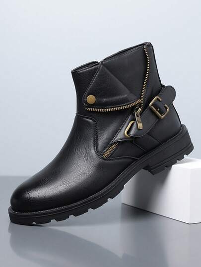 1 Pair Men's Mid-Calf Boots With Side Zipper, PU Leather, Rubber Sole, Durable, Suitable For Casual Daily Commute