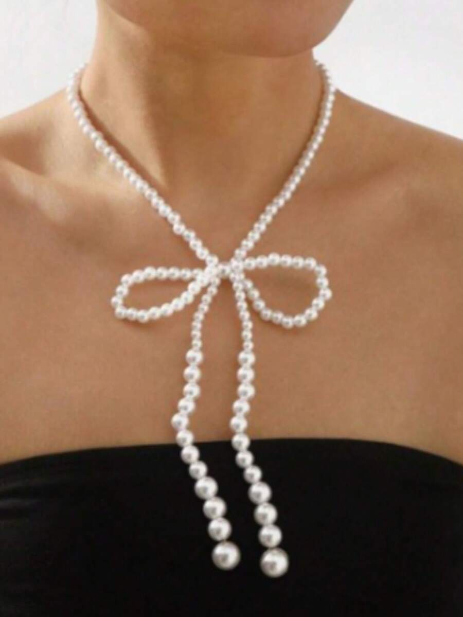 1 Piece Of Elegant Imitation White Pearl Single Layer Bow Light Luxury Style White Necklace For Women's Daily Dance - 白色 - 查看 1