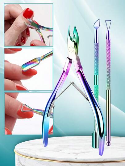 ANDVICTORY 3Pcs/Set Cuticle Trimmer With Cuticle Pusher Remover Professional Stainless Steel Cuticle Cutter Nippers Rainbow Sharp Sturdy Pedicure Manicure Tools For Fingernails