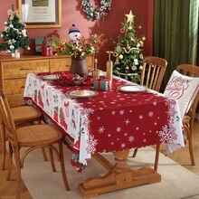 Une nappe de Noël joyeuse - motifs de fleurs rouges et d'arbres de Noël, en polyester, décorations rectangulaires pour le repas de fête