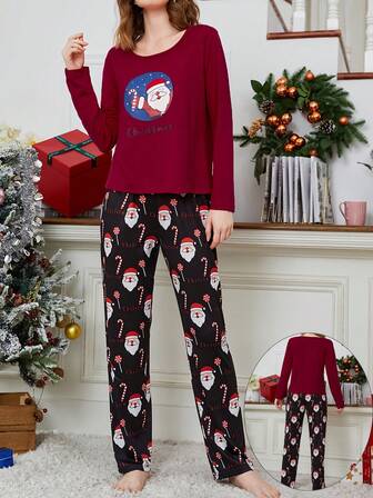 Women's Cartoon Print Crew Neck Long Sleeve & Pants 2 Pieces Pajama Set, Comfortable Thin Casual Loungewear, Suitable For Autumn/Winter