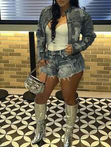 Denim Short Sets Women 2 Piece Outfits Long Sleeve Zip Up Cropped Jacket Raw Hem Skinny Jean Shorts Sethalloween - 淺藍色 - 查看 4