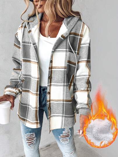 ChicMe Women Fleece Lined Plaid Hoodie Coat Button Drawstring Long Sleeve Jacket Casual Stylish Loose Warm Streetwear Daily Outdoor Office Travel
