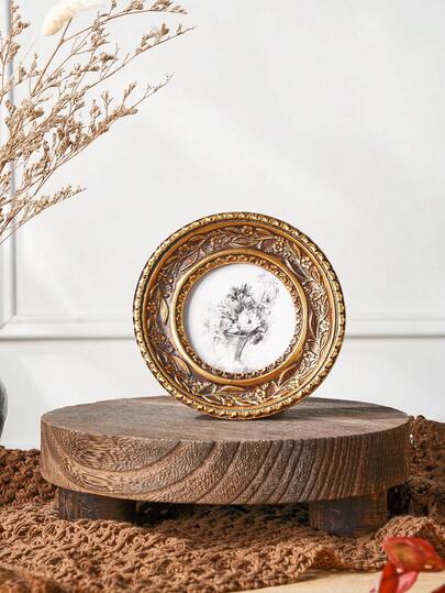 1pc Vintage 3D Floral Pattern Round Decorative Photo Frame, Antique-Style Golden Desktop Mini Photo Frame, Golden Warm Home Decor Desktop Photo Frame, Suitable For Photo Display And Photography Decoration