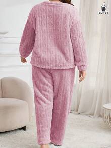 Plus Size Women Plush Jacquard Thermal Lined Warm Fluffy Sleepwear Set, Autumn/Winter, Cozy Clothes - Pink - View 2