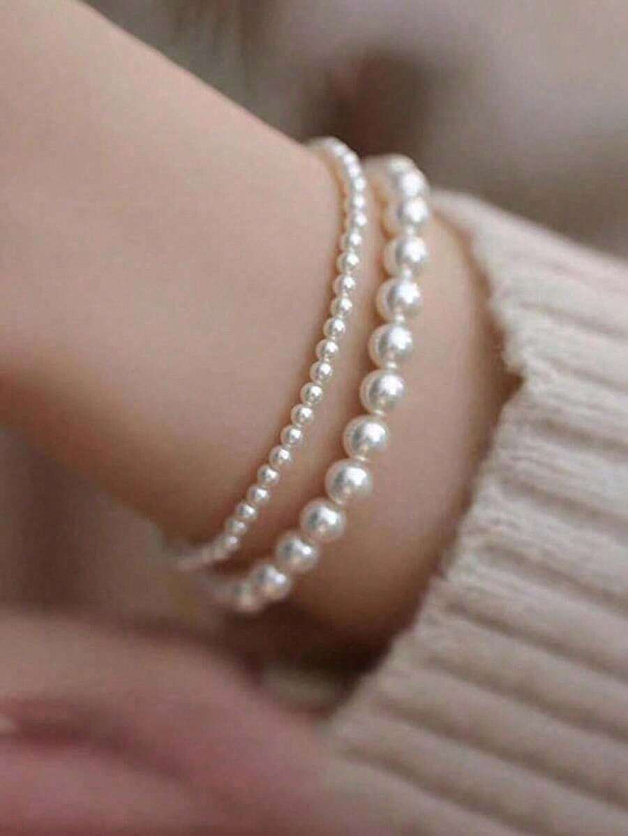 2PCS Faux Pearl Beaded Bracelet Set – Elegant Bohemian Style Adjustable Elastic Bangles For Girls & Ladies, Versatile Fashion Jewelry, Perfect Gift For Birthdays, Holidays, Or Any Occasion - trắng - Xem 1