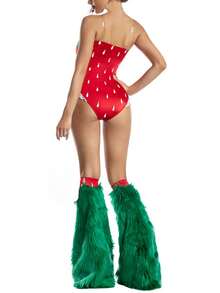 Women's Halloween Strawberry Cosplay Costume Bodysuit With Furry Leg Warmers Daisy Detail Festive Party Outfit - Đỏ - Xem 2