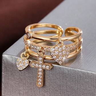 1pc Minimalist Cross Design Adjustable Open Ring With Cubic Zirconia Stones For Women