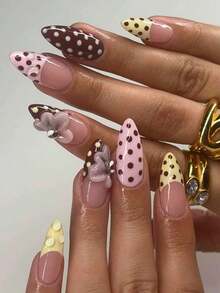 24 Pcs Of Medium-Length Almond-Shaped Nails Press On Gift Box, New Autumn Style Beige French Edge Pink Brown Polka Dot 3D Three-Dimensional Glue Flowers Fantasy Color Bubble Beads Autumn And Winter Atmosphere Party, Daily Versatile Fake Nails With Jelly Glue 1 Piece 1 Rub Strip - 彩色 - 查看 1