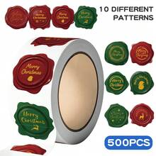 1 Roll (1Roll/500Pcs)Merry Christmas Sticker Roll, Christmas Decoration Label Stickers With Embossed Wax Seal Design, Envelope Stickers, Sealing Stickers, Gift Packaging Scrapbook Stickers, Candy Bag Decorations, Circular Party Gift Decorations - Multicolor - View 9