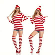 4pcs Women's Red And White Striped Clothing Accessory Set, Holiday Christmas And Halloween Party Costumes, With Christmas Hat, Stockings And Round Glasses, Polyester And Spandex, Perfect For Holiday Celebrations, Christmas Events, Parties, Parties, Dances.