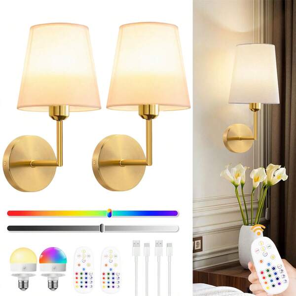 Rechargeable Battery Powered Wall Lamp, Gold Chargeable Wall Light With 2000mAh, Dimmable, Detachable Bulb And Remote Control, 15 Colors Wireless Wall Lamp For Bedroom, Living Room, Corridor Decor