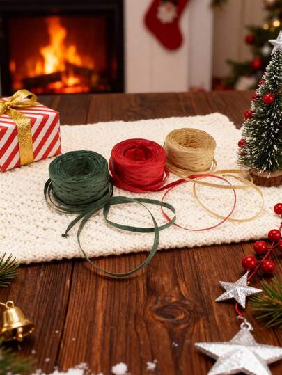 3 Rolls Three Colors Kraft By Raffia Ribbon/String, 100m/328 Feet Each Roll, Packing Paper Twine For Christmas Christmas Gift Packaging Drawstring, Perfect Color,The Best Choice For DIY Gift Packaging