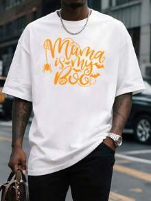 Camiseta para hombre con estampado gráfico "Mamá es mi Boo" de Spooky Season, diseñada para brindar comodidad y estilo, perfecta para festividades de otoño y uso diario informal, diseño único con temática de Halloween. - Blanco - Ver 1