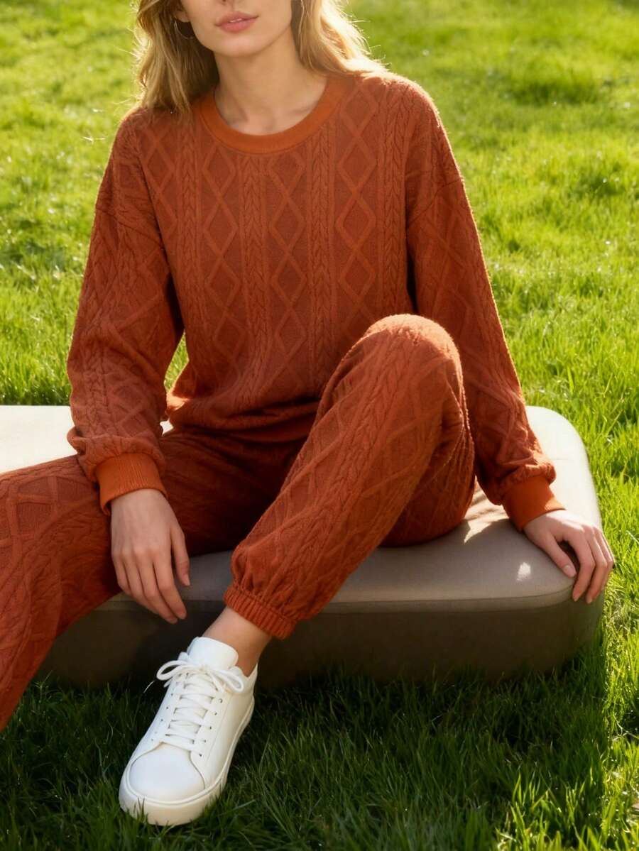 Autumn And Winter European And American Women's Clothing, New Ribbed Jacquard Trousers Casual Two-Piece Suits, Casual And Fashionable, Versatile, The First Choice For Sports And Shopping, Economical And Affordable, Light, Comfortable And Soft, Personalized Niche Design - 橘色 - 查看 1
